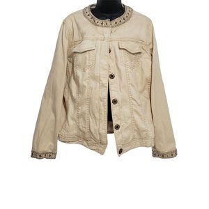 Khaki Beige Denim Embellished Jewel Trim Jacket size 14-16 Avenue AV/X